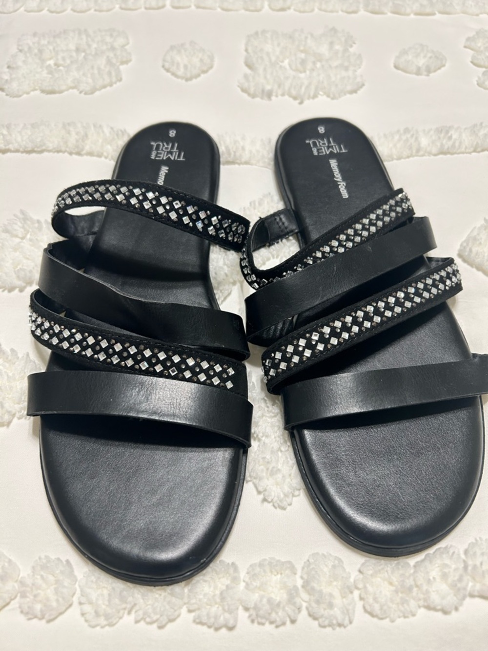 Time and Tru Black Slide Sandals with Silver Rhinestone Straps